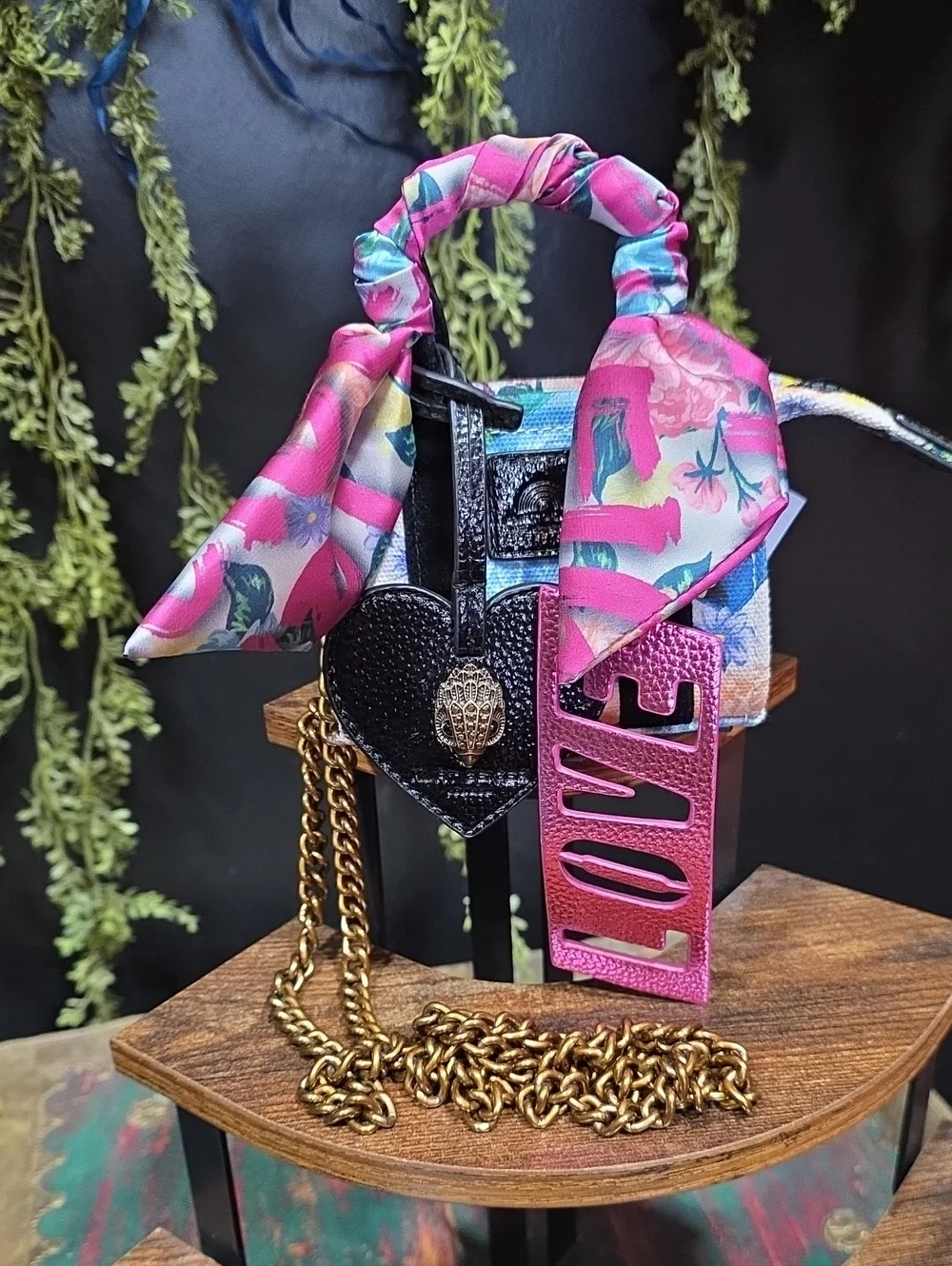 Kurt Geiger Micro Crossbody w/ Floral Scarf Handle Charm w/ Gold Chain & Accents